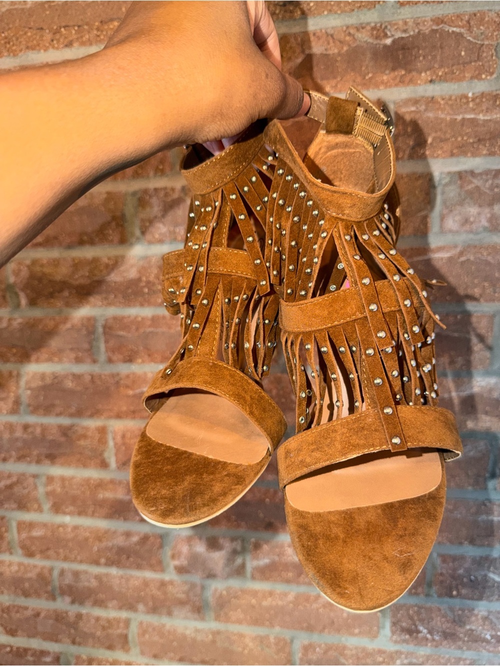 Fringed Studded Tan Suede Open-Toe Sandals